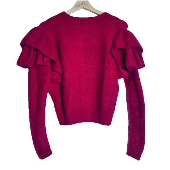 Zara Knit Jumper Size M Mohair Wool Mix Ruffle Cropped Crew Neck Red Burgundy - Picture 5 of 6